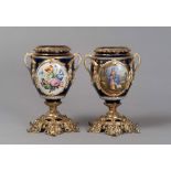 PAIR OF VASES IN PORCELAIN, PROBABLY SEVRES, LATE 19TH CENTURY
cobalt and gold glazing, with scenes