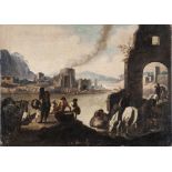 DUTCH PAINTER, ACTIVE IN ITALY, LATE 17TH CENTURY



IMAGINARY VIEW WITH OLD VILLAGE AND TRAVELLERS