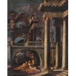 GIULIO CARPIONI, workshop of (Venezia 1613 - Vicenza 1678)
RUINS WITH PAGAN SCENE
Oil on canvas,