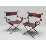 RARE PAIR OF SAVONAROLE IN WROUGHT IRON, ANTIQUE ELEMENTS

seats and backrests in leather. Cross