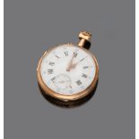 POCKET WATCH
in low carat gold, with face in white enamel and Roman numerals and chrono. Initials