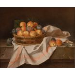 FRENCH PAINTER, 18TH CENTURY STILL LIFE WITH BASKET OF APRICOTS AND PLUMS
Oil on canvas, cm. 46 x