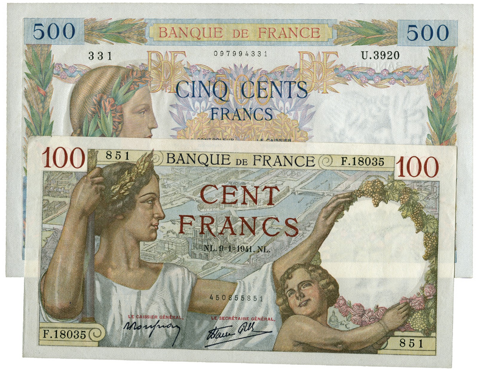 BANKNOTES, 紙鈔, FRANCE, 法國, Banque de France: 500-Francs, 20 November 1941, serial no.U.3920 331, Obv