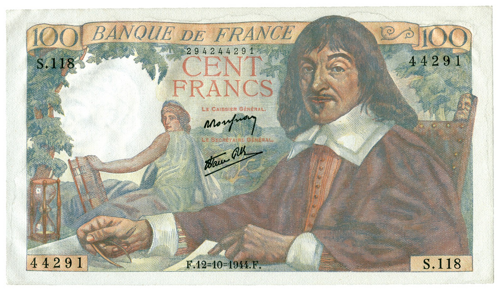 BANKNOTES, 紙鈔, FRANCE, 法國, Banque de France: 100-Francs, 12 October 1944, serial no.S118 44291,