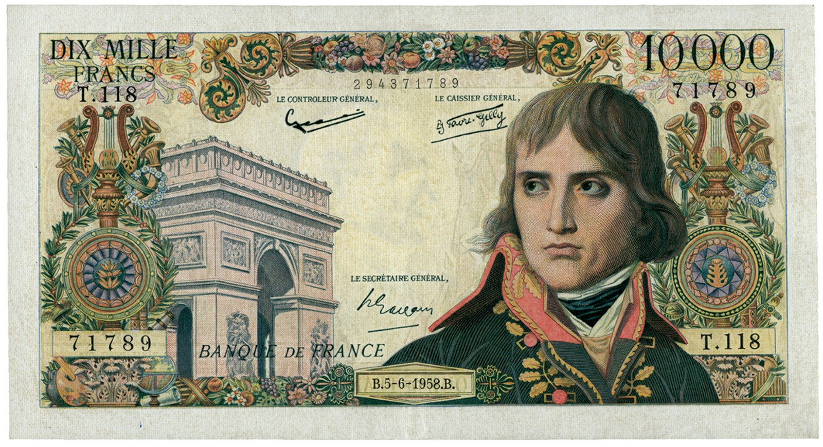 BANKNOTES, 紙鈔, FRANCE, 法國, Banque de France: 10,000-Francs, 5 June 1958, serial no.T.118 71789,