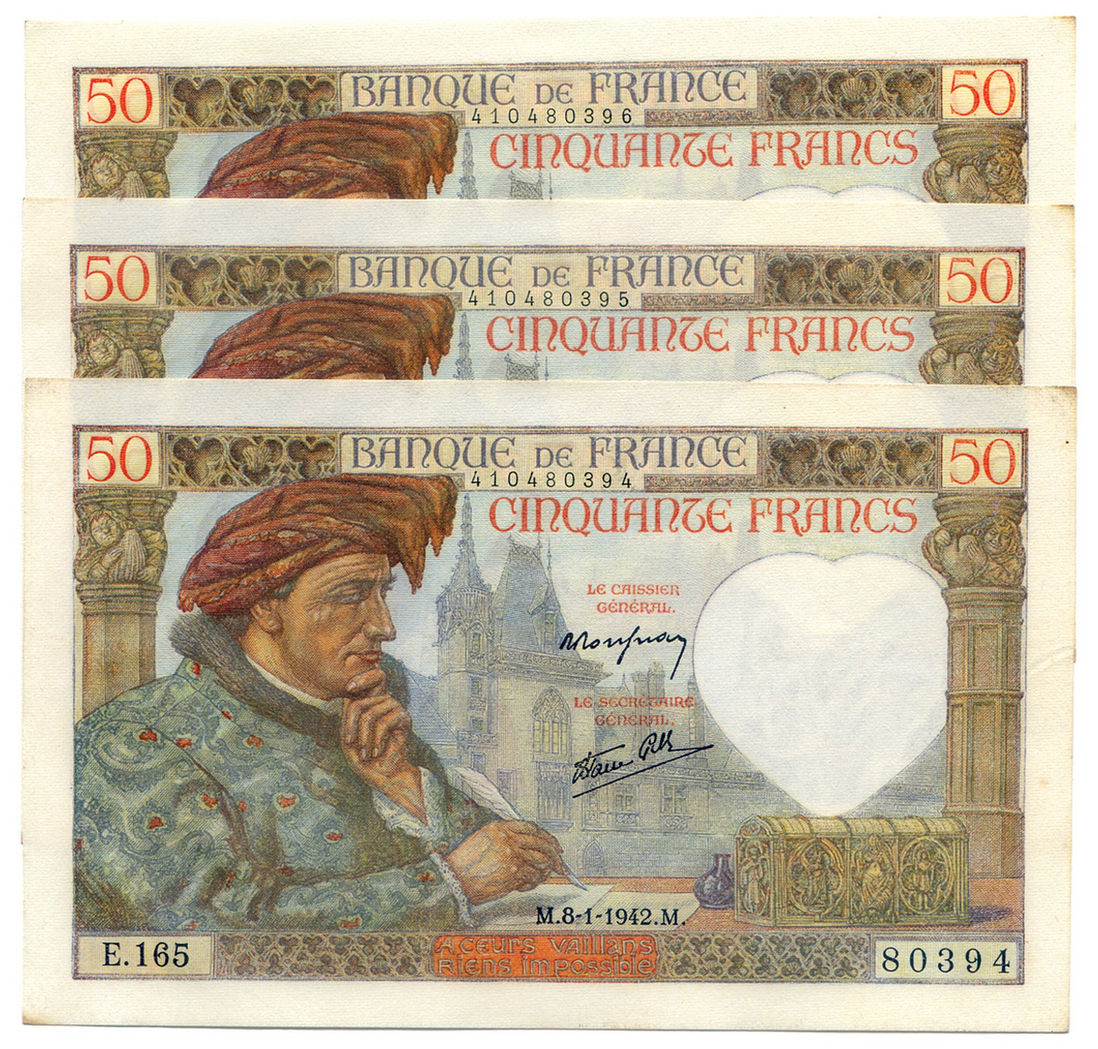 BANKNOTES, 紙鈔, FRANCE, 法國, Banque de France: 50-Francs (3), 8 January 1942, consecutive serial nos.