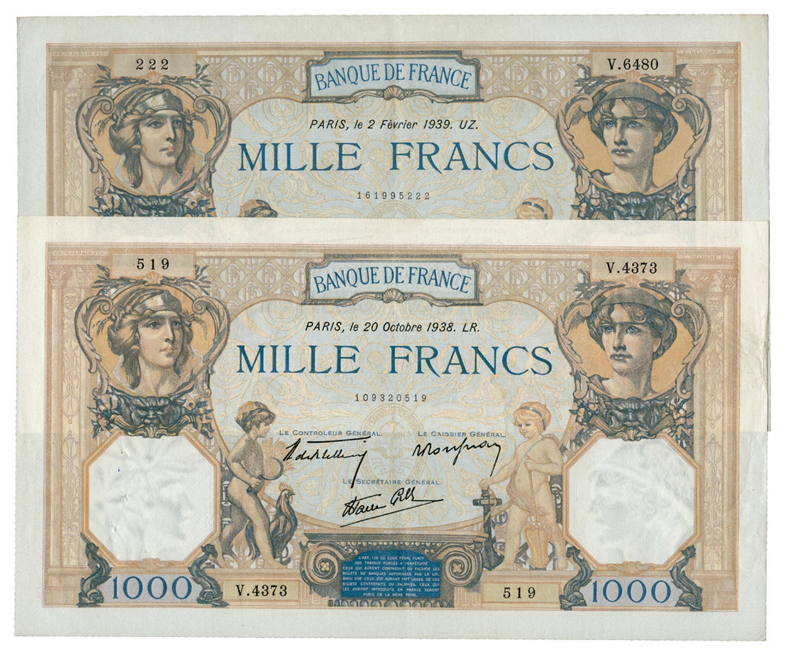 BANKNOTES, 紙鈔, FRANCE, 法國, Banque de France: 1000-Francs (2), 20 October 1938, 2 February 1939,