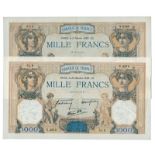BANKNOTES, 紙鈔, FRANCE, 法國, Banque de France: 1000-Francs (2), 20 October 1938, 2 February 1939,
