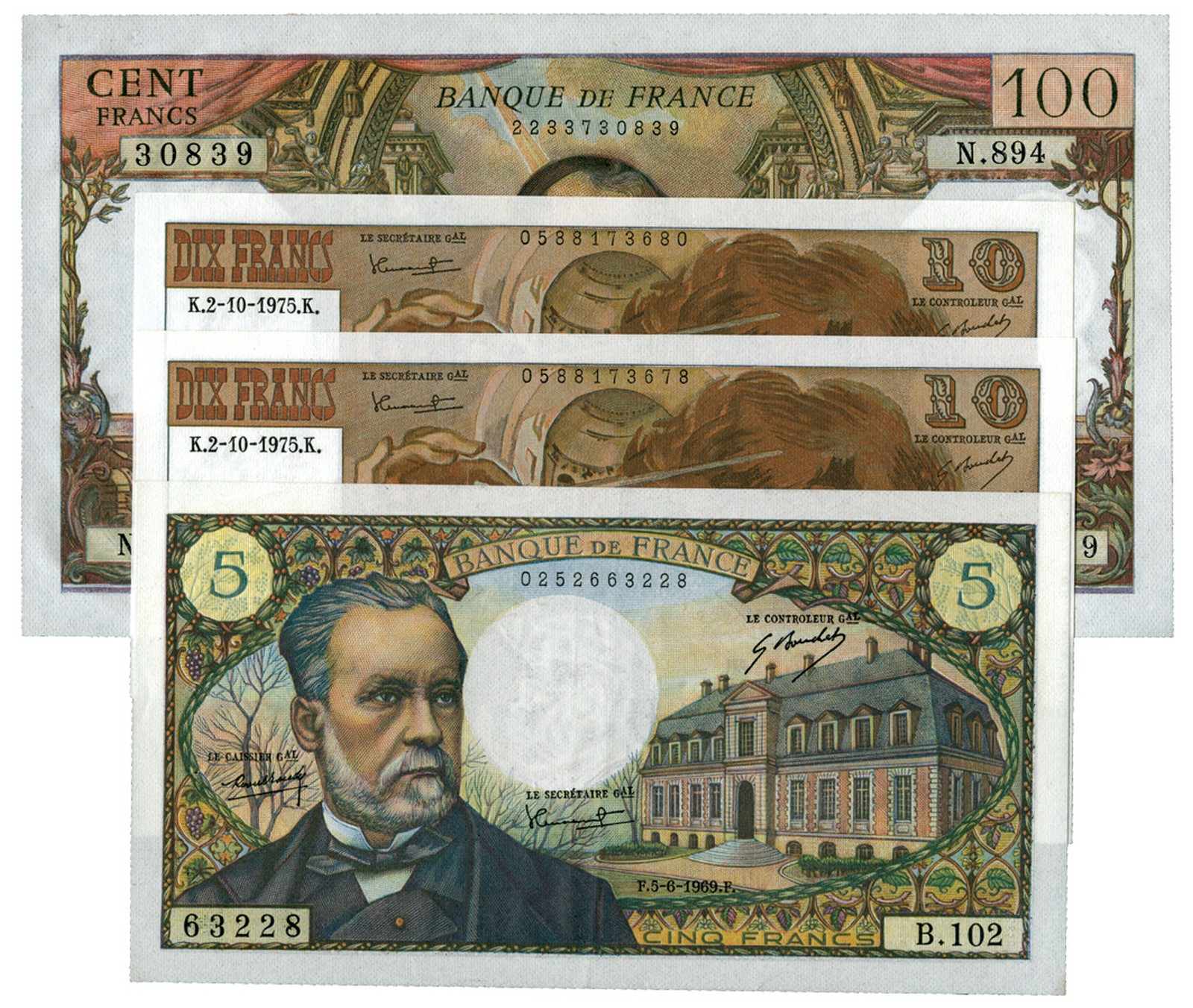 BANKNOTES, 紙鈔, FRANCE, 法國, Banque de France: 5-Francs, 5 June 1975, serial no.B.102 63228, Obv Louis