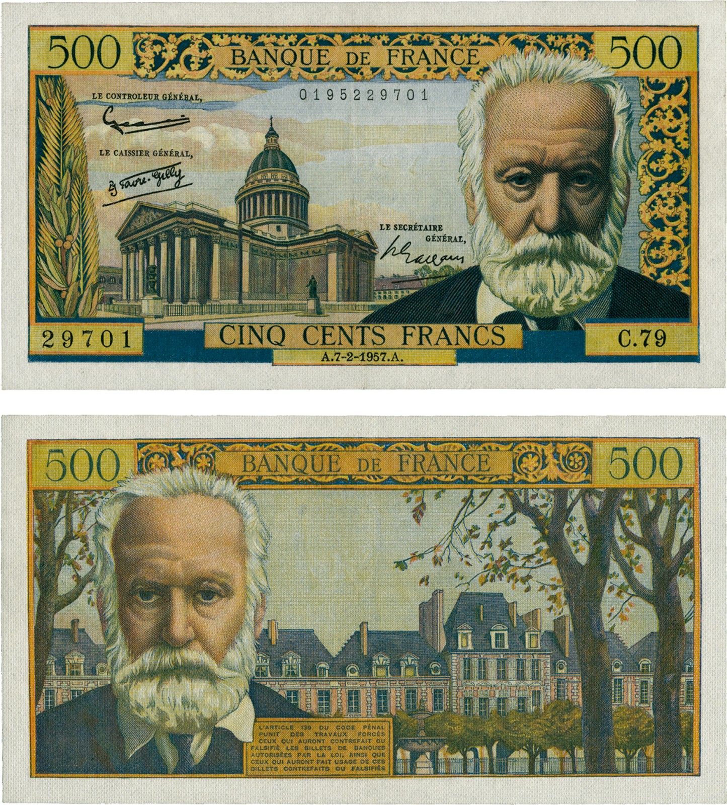 BANKNOTES, 紙鈔, FRANCE, 法國, Banque de France: 500-Francs, 7 February 1957, serial no.C.79 29701,