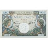 BANKNOTES, 紙鈔, FRANCE, 法國, Banque de France: 1000-Francs, 28 November 1940, Paris, serial no.O.625