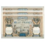 BANKNOTES, 紙鈔, FRANCE, 法國, Banque de France: 1000-Francs (3), 3 November 1938, 2 February 1939 (