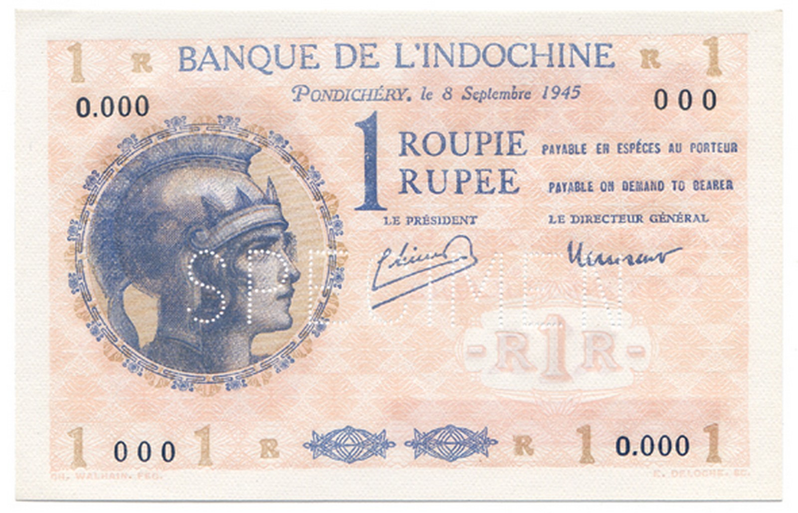 BANKNOTES, 紙鈔, INDIA, 印度, French India, Banque de l’Indochine: Specimen Roupie, 8 September 1945,