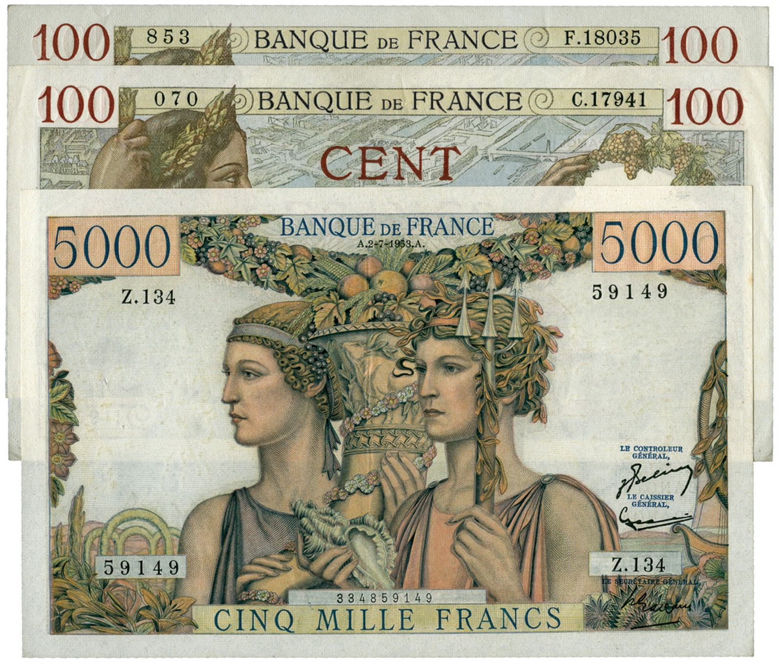 BANKNOTES, 紙鈔, FRANCE, 法國, Banque de France: 5000-Francs, 2 July 1953, serial no.Z.134 59149, Obv