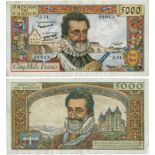BANKNOTES, 紙鈔, FRANCE, 法國, Banque de France: 5000-Francs, 6 June 1957, serial no.J.14 56013, Obv