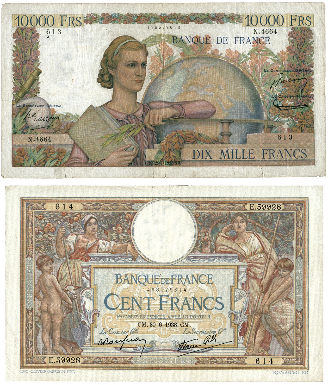 BANKNOTES, 紙鈔, FRANCE, 法國, Banque de France: 100-Francs, 30 June 1938, serial no.E.59928, and 10,