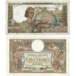 BANKNOTES, 紙鈔, FRANCE, 法國, Banque de France: 100-Francs, 30 June 1938, serial no.E.59928, and 10,