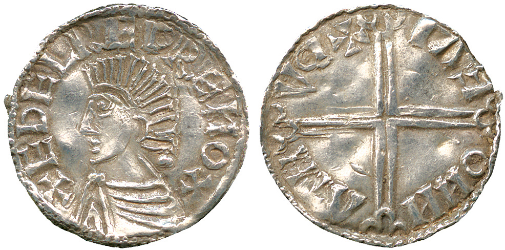 BRITISH COINS, Anglo-Saxon, Aethelred II, Silver Penny, Long Cross type imitation, blundered