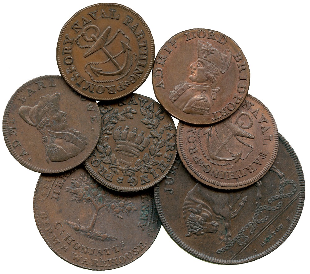 BRITISH TOKENS, 18th Century Tokens, England,  Hampshire, County Series, Copper Naval Farthings (5),