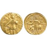 INDIAN COINS, KUSHAN, Vasu Deva II, Gold Dinar, king standing facing, head left, holding trident and