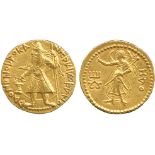 INDIAN COINS, Kanishka I, Gold Dinar, caped and crowned Kanishka standing facing, head left, holding