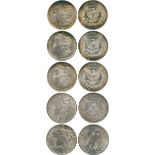WORLD COINS, USA, Silver Morgan Dollars (4), 1881-O, 1882-O, 1882-S, 1887, and Peace Dollar, 1928-