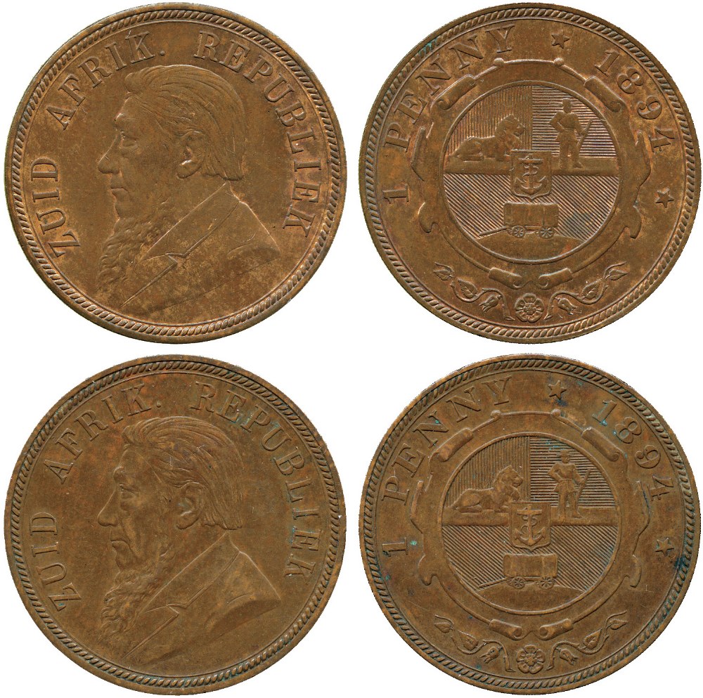 WORLD COINS, SOUTH AFRICA, ZAR, Kruger, Bronze Pennies (2), 1894 (H Z3). One partly lustrous,