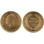 G ISLAMIC COINS, TURKEY, Republic, Gold 100-Kurush, 1923, Year 32, head of Atatürk, 7.32g (KM 855; F