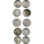 WORLD COINS, USA, Silver Morgan Dollars (5), 1878-S, seven feathers, second reverse, 1879-S, third