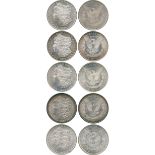 WORLD COINS, USA, Silver Morgan Dollars (5), 1879, 1879-S, third reverse, 1883-O, 1887, 1904-O (KM