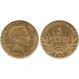 WORLD COINS, URUGUAY, Republic, Gold 5-Pesos, 1930, Paris, head of Artigas right, rev value and