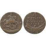 WORLD COINS, RUSSIA, Peter III (1762), Copper 4-Kopecks, 1762 (Bit 21; B 10; Uzd 2624). Very fine,