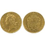 BRITISH COINS, George II, Gold Guinea, 1733, second young laureate bust left, larger lettering in