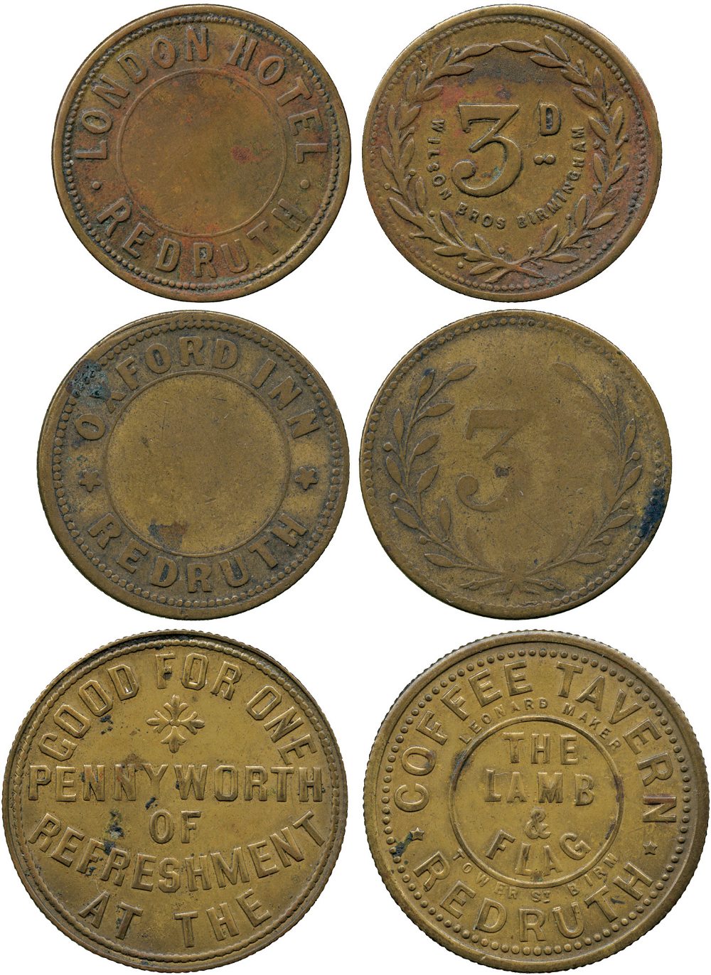 BRITISH TOKENS, 19th Century Tokens, Checks, Cornwall, Redruth, The Lamb & Flag, Brass Coffee Tavern