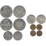 WORLD COINS, MONTENEGRO, Nicholas I, Silver 5-Perpera (2), 1909, 1914, 2-Perpera (2), Perper (2),