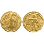 INDIAN COINS, Kanishka I, Gold Dinar, caped and crowned Kanishka standing facing, head left, holding