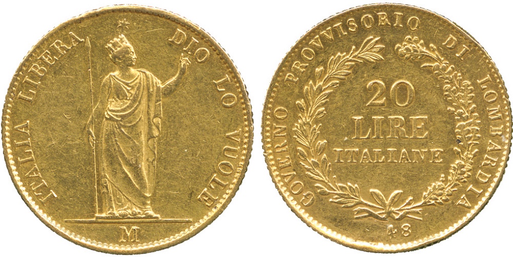 G WORLD COINS, ITALY, Lombardy, Provisional Government (1848-1849), Gold 20-Lire, 1848M, Milan (Mont