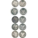 WORLD COINS, USA, Silver Morgan Dollars (5), 1878-S, seven feathers, second reverse, 1879-S,