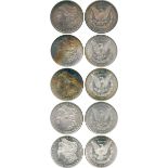 WORLD COINS, USA, Silver Morgan Dollar (5), 1878, 7 over 8 tail feathers, 1879, 1880-S, 1881-S,