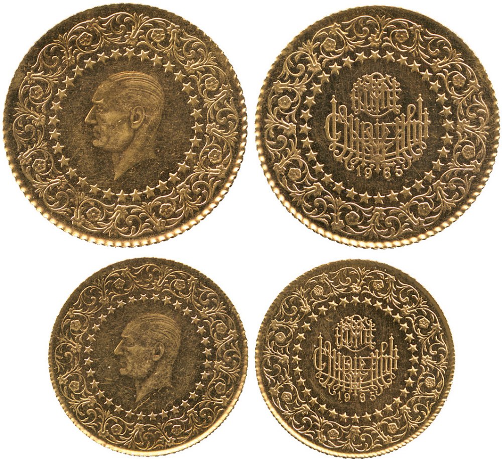 G ISLAMIC COINS, TURKEY, Republic, Monnaie de Luxe Gold 50-Kurush, 3.51g, and 25-Kurush, 1.75g,