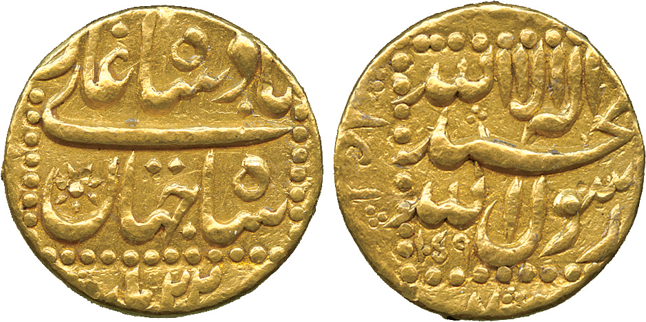 INDIAN COINS, MUGHAL, Shah Jahan, Gold Mohur, Burhanpur, AH 1059, Year 22, legends within dotted