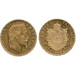 G WORLD COINS, FRANCE, Second Empire, Napoleon III, Gold 50-Francs 1864A, Paris, laureate head