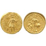 INDIAN COINS, KUSHAN, Vasu Deva II, Gold Dinar, king standing facing, head left, holding trident and