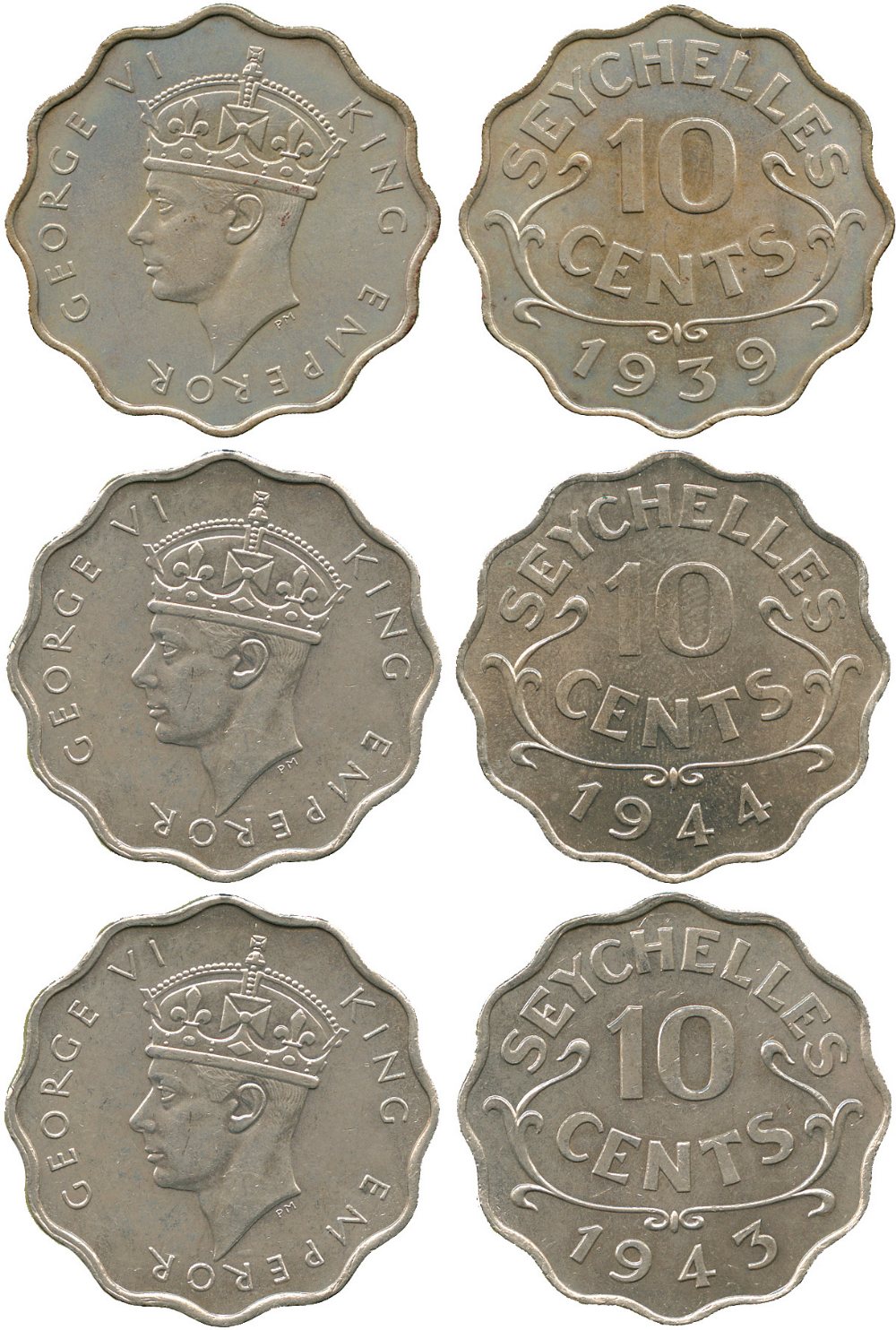 WORLD COINS, SEYCHELLES, George VI (1936-1952), Cupro-nickel 10-Cents (3), 1939, 1943, 1944 (KM