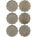 WORLD COINS, SEYCHELLES, George VI (1936-1952), Cupro-nickel 10-Cents (3), 1939, 1943, 1944 (KM