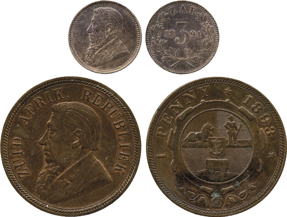 WORLD COINS, SOUTH AFRICA, ZAR, Kruger, Threepence, 1894, Penny, 1893 (H Z7, Z2; KM 3, 2). First