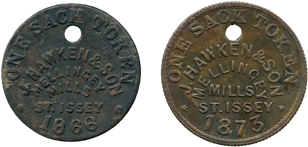 BRITISH TOKENS, 19th Century Tokens, Checks, Cornwall, St Issey, J Hawken & Son, Mellingey Mills,