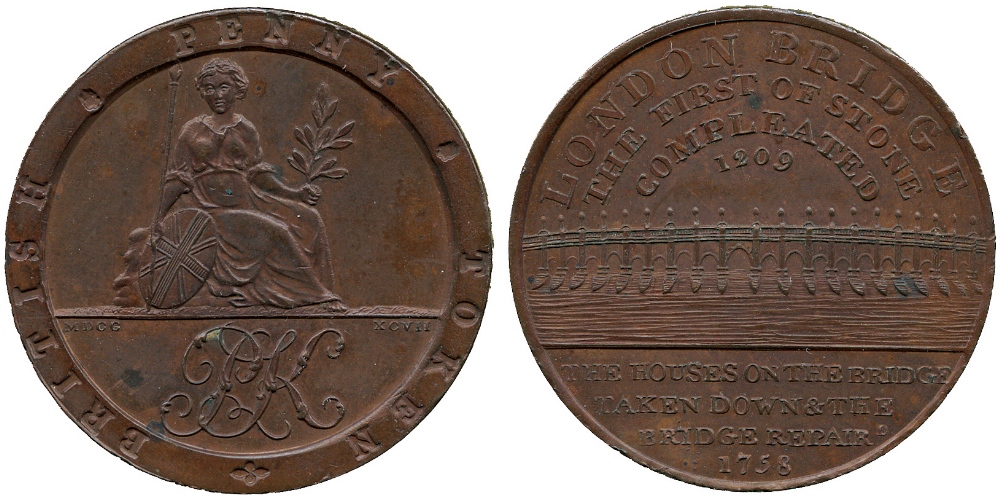 BRITISH TOKENS, 18th Century Tokens, England,  Middlesex, Kempson’s Building Series, Copper Penny,