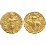 INDIAN COINS, KUSHAN, Vasu Deva II, Gold Dinar, king standing facing, head left, holding trident and