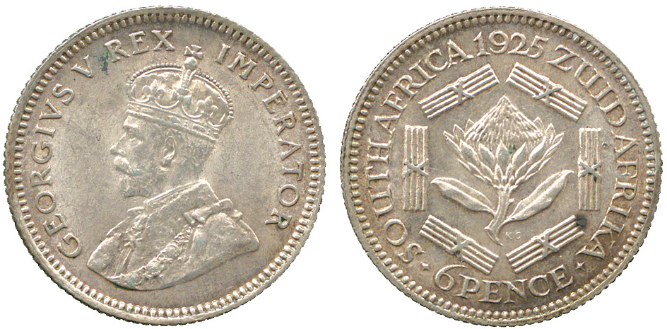 WORLD COINS, SOUTH AFRICA, George V, Silver Sixpence, 1925 (KM 16.2). About uncirculated. only 79,